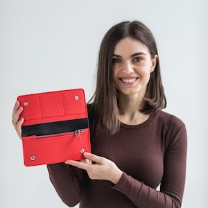 Red Genuine Leather Slim Wallet | Leather Wallet for Everyday Use | Leather Wallet with Zipper | Double Face Leather Women's Wallet