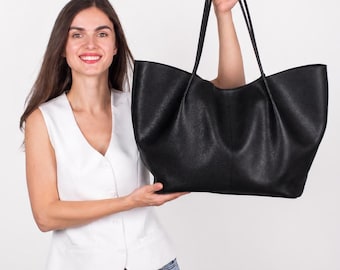 XL Leather Tote Bag Women, Black Slouchy Shopper, Choose Your Color, 18 Options