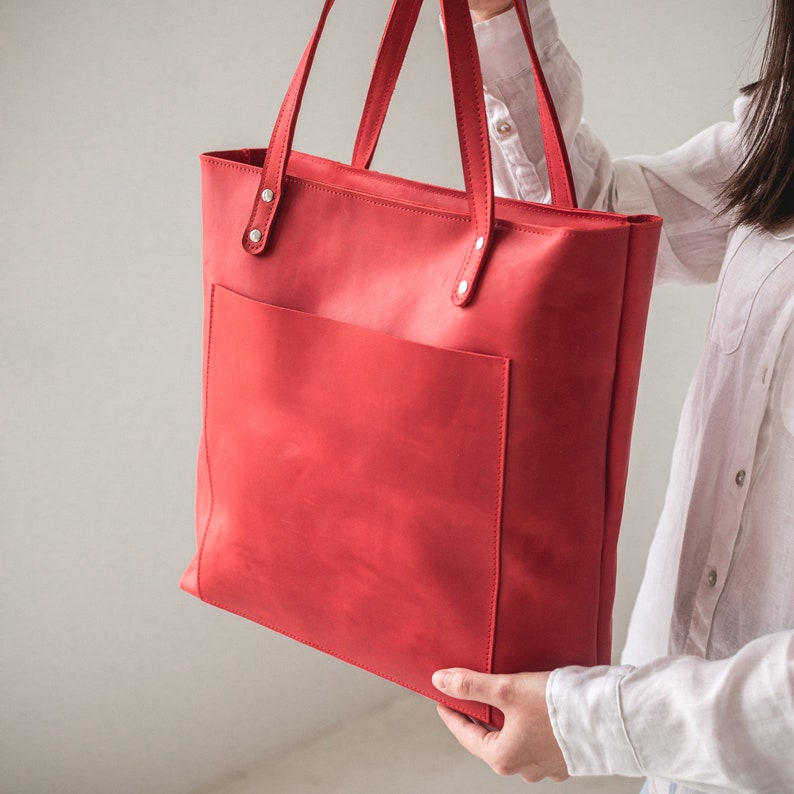 Red Leather tote bag with optional outside pocket