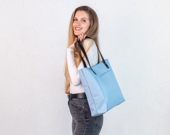 Light Blue Leather Tote Bag: Pebbled Cowhide Shoulder Bag
