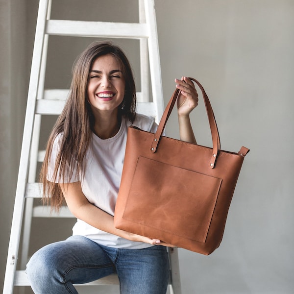 Sac fourre-tout en cuir avec sangle bandoulière de poche zippée en option | Grands fourre-tout faits à la main | Sac à bandoulière en cuir | Sac bandoulière en cuir pour femme