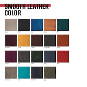 May include: A color chart showing 16 different leather colors. The colors are arranged in four rows of four. The colors are: Beige, Black, Blue, Brown, Opal, Burgundy, Camel, Cognac, Dark Brown, Orange, Fuchsia, Gray, Green, Jeans, Red, Light Gray, Mint, Navy Blue, Olive.
