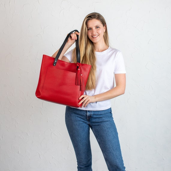 Handmade Red Pebbled Leather Tote, Graduation Gift for Her  display picture 2
