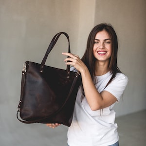 Dark brown leather tote bag