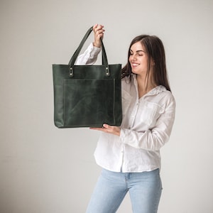 Green leather tote bag with optional zipper and outside pocket