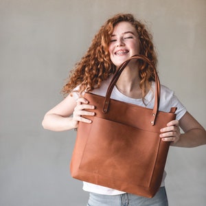 Mother’s Day Brown Leather Tote Bag For Women • Monogram Crossbody Purse • Leather Shoulder Bag With Pockets • Full Grain Leather Bag