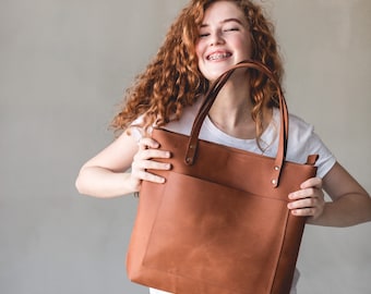 Mother’s Day Brown Leather Tote Bag For Women • Monogram Crossbody Purse • Leather Shoulder Bag With Pockets • Full Grain Leather Bag