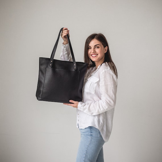 Black Leather Tote Bag for Women Leather Work Bag for Laptop Soft