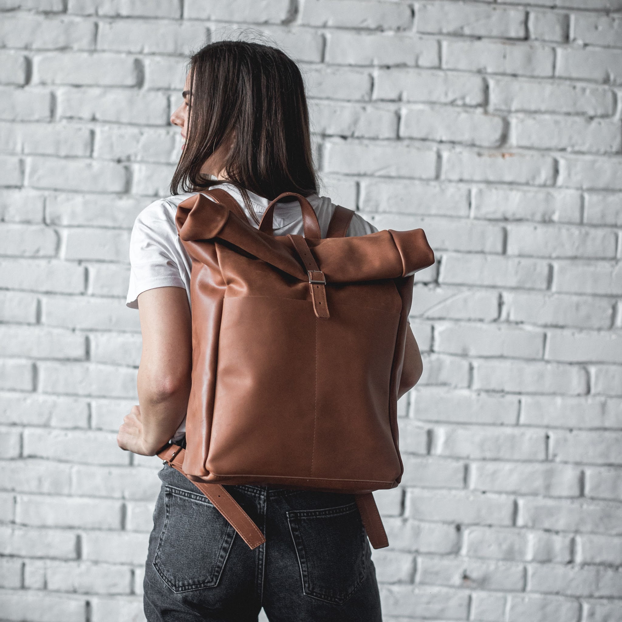 Leather Roll Top Backpack Large Women Backpacks Back Etsy
