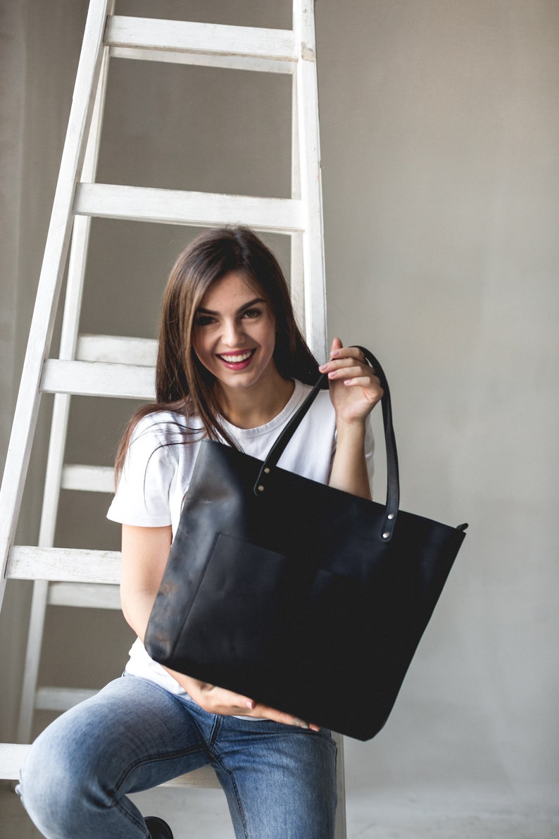 Black leather tote bag