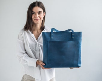 ハンドメイドレザートートバッグ：ジッパー付き大型牛革ショッパー