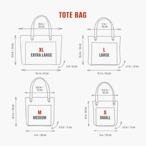 May include: A size chart for a tote bag featuring four sizes: XL (20 in wide, 13.4 in high, 6 in deep), L (17 in wide, 13.4 in high, 4.7 in deep), M (14.6 in wide, 13.4 in high, 4.3 in deep), and S (12.6 in wide, 12 in high, 4.3 in deep).