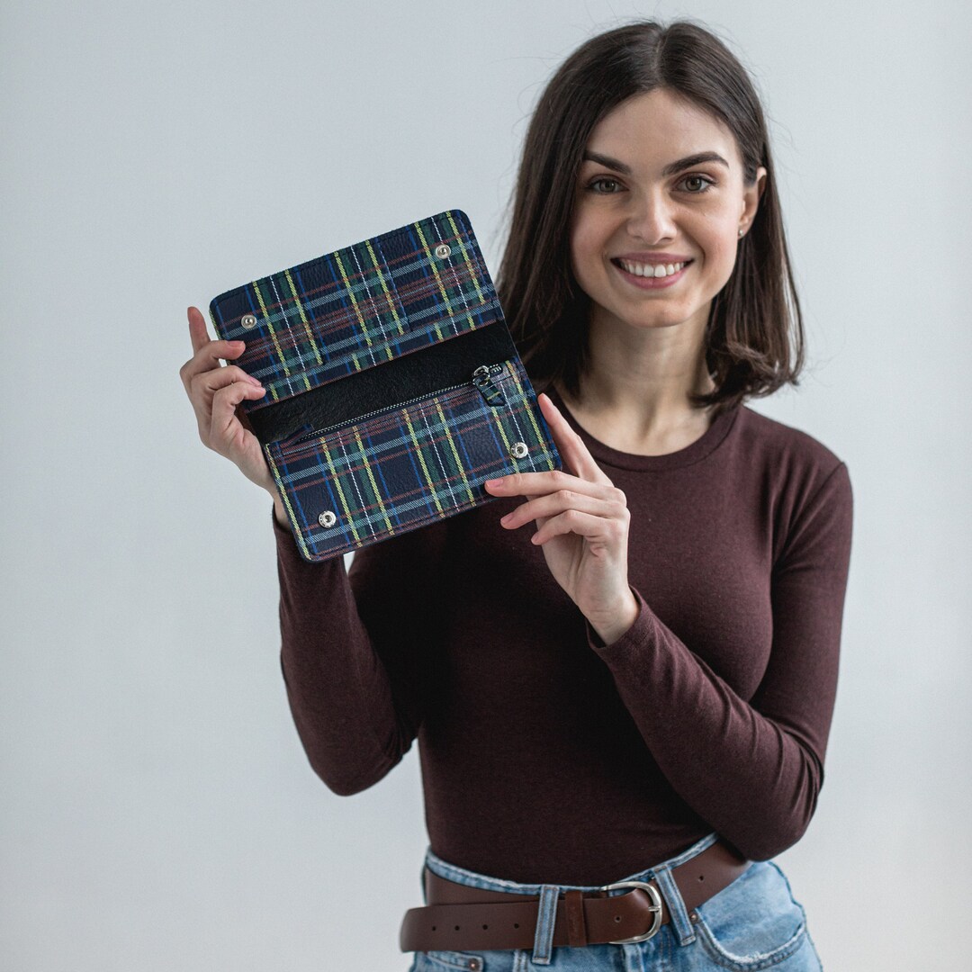 Handmade Leather Slim Wallet Plaid Leather Women Wallet Genuine Leather