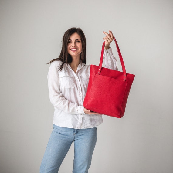 tack radioactivity Premature Red Leather Women Tote Bag Soft Leather Shoulder Bag - Etsy