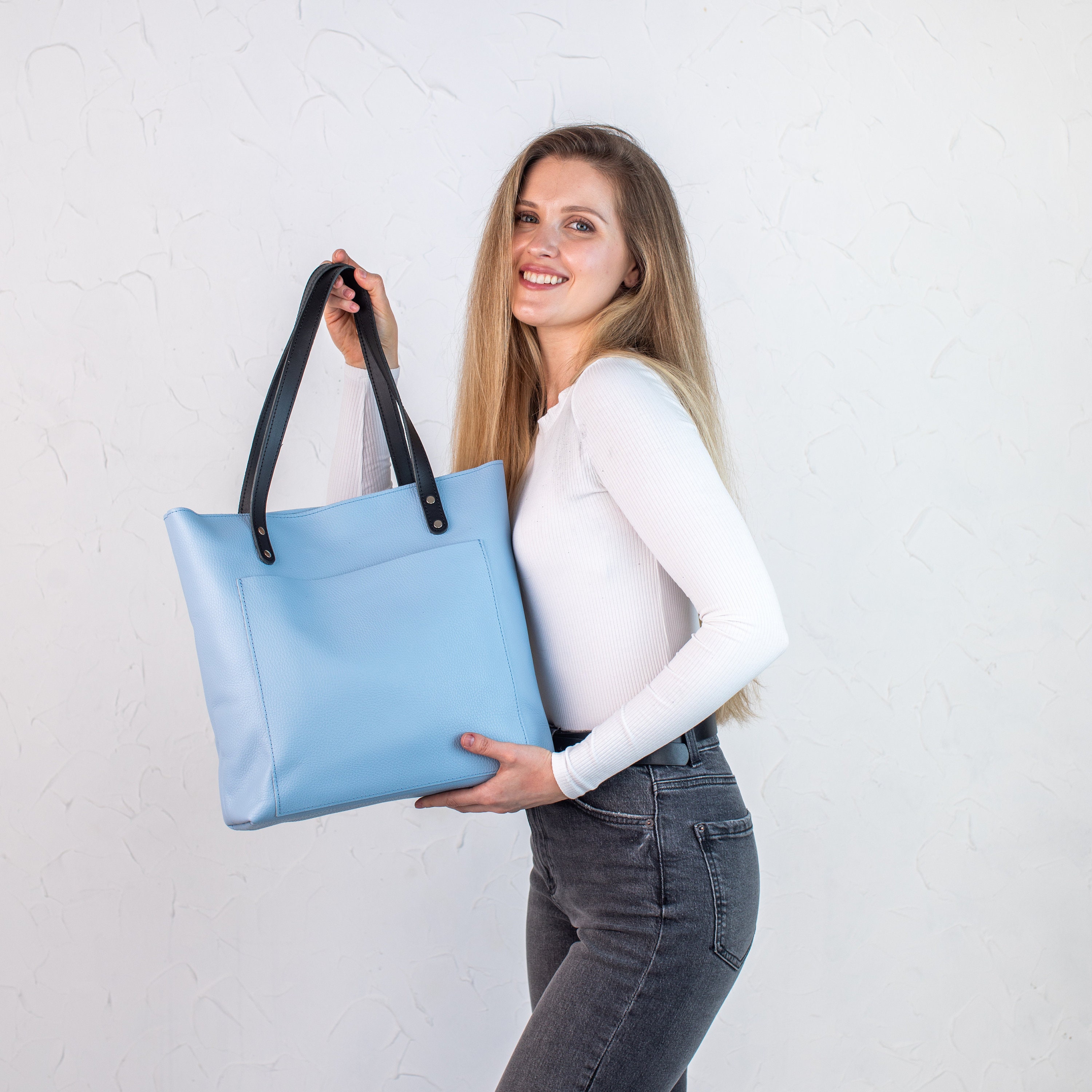 Light Blue Leather Tote Bags | Pebbled Leather Shoulder Tote