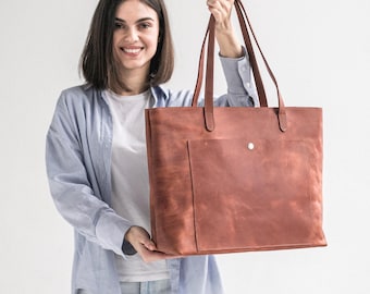 Handmade Leather Tote Bag in 4 Sizes, Personalized Shoulder Bag with Pocket for Women