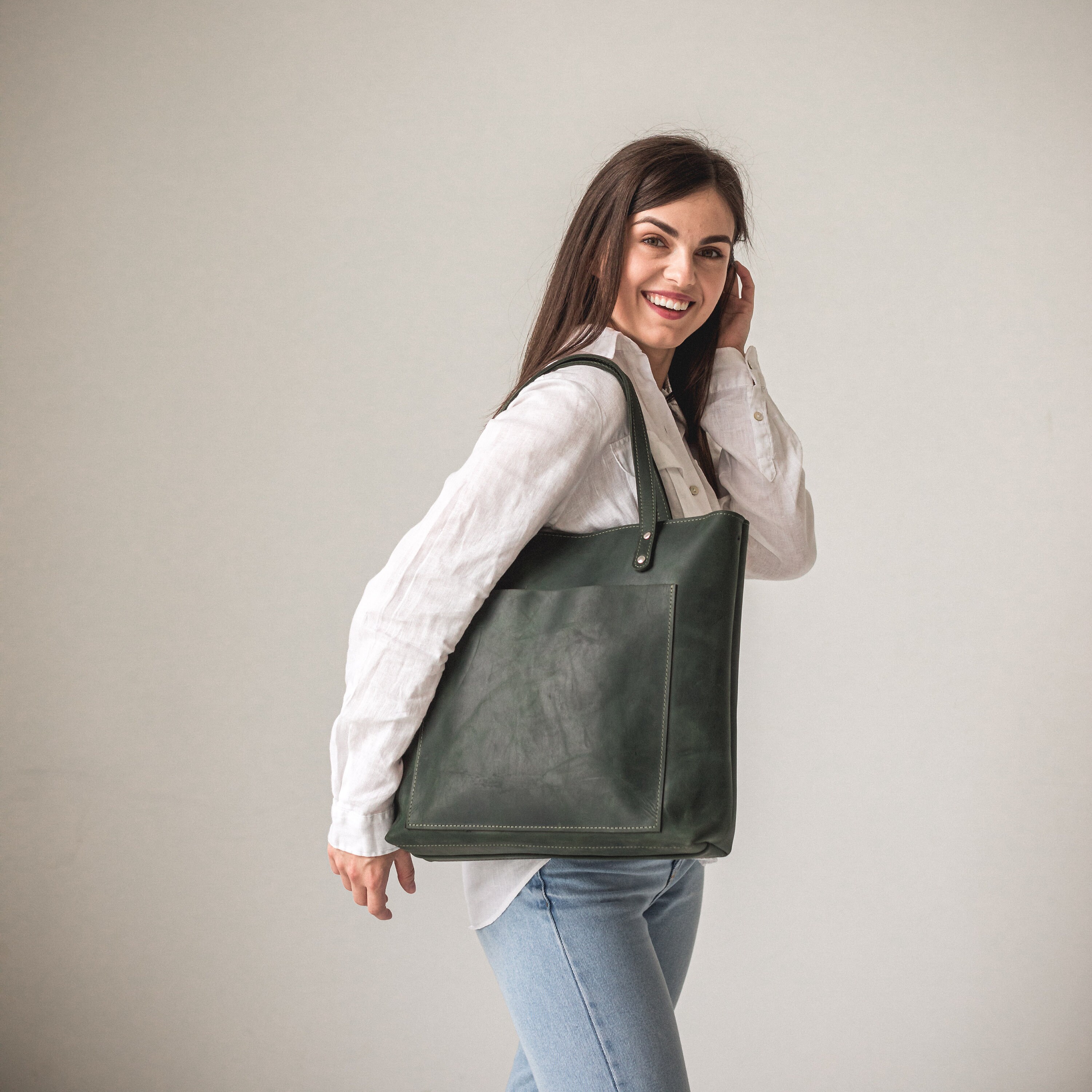 Personalized Large Leather Tote Bag • Leather Zipper Tote