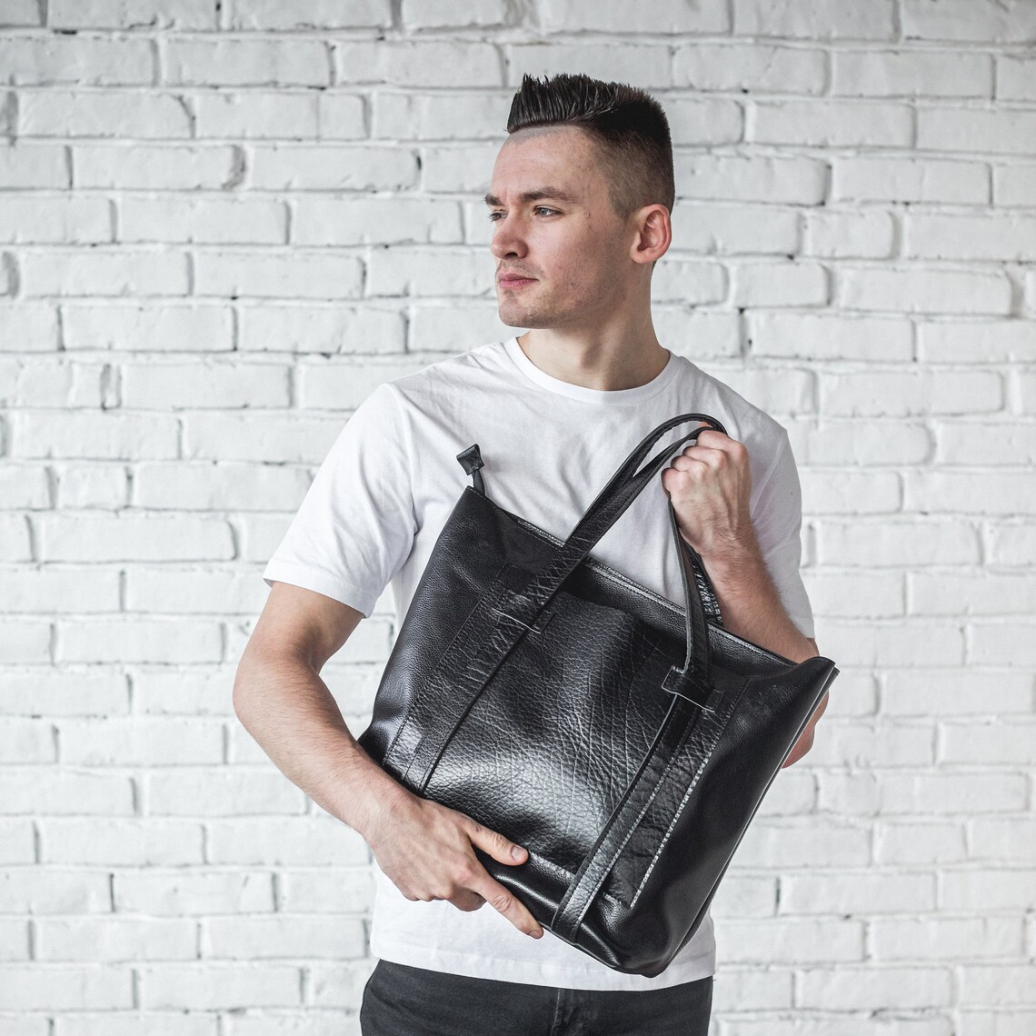 Leather Tote Bag For Men With Zipper Black Leather Shoulder Etsy