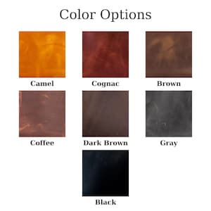 May include: A color chart titled Color Options displaying seven square swatches of material in various shades: Camel, Cognac, Brown, Coffee, Dark Brown, Gray, and Black. Each swatch is labeled with its corresponding color name in black text.