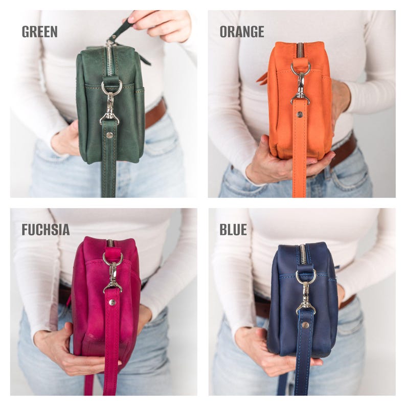 Pu&ograve; includere: Quattro borse a tracolla in pelle di diversi colori: verde, arancione, fucsia e blu. Ogni borsa ha una chiusura argentata e una lunga tracolla.