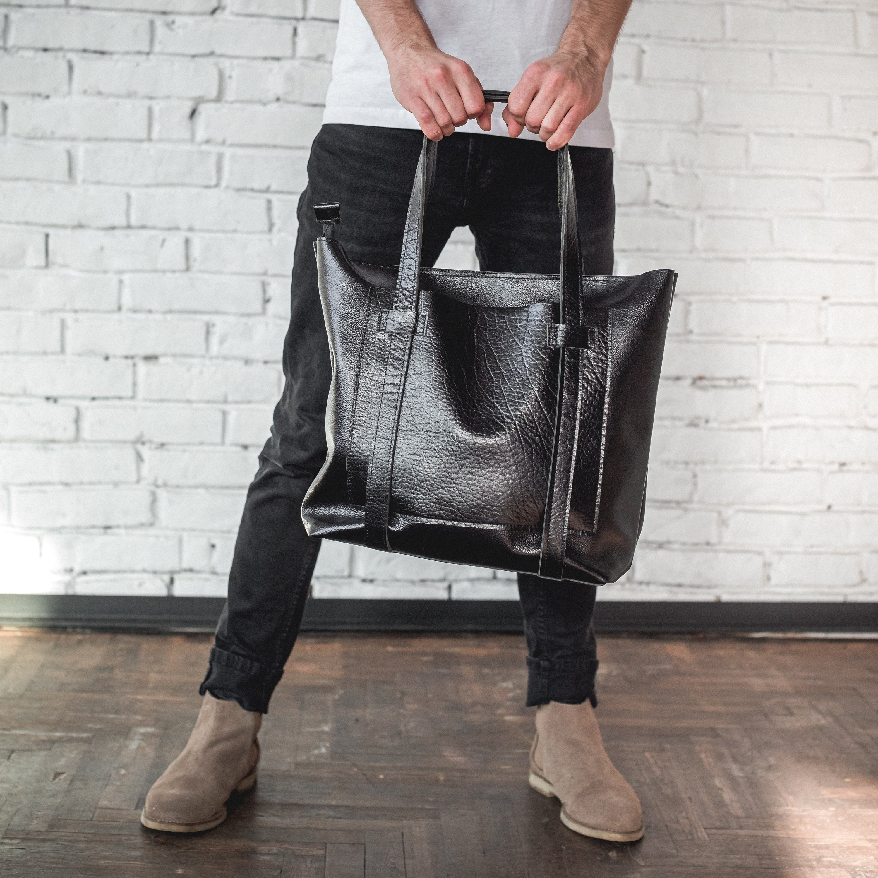 Leather Tote Bag For Men With Zipper Black Leather Shoulder Etsy