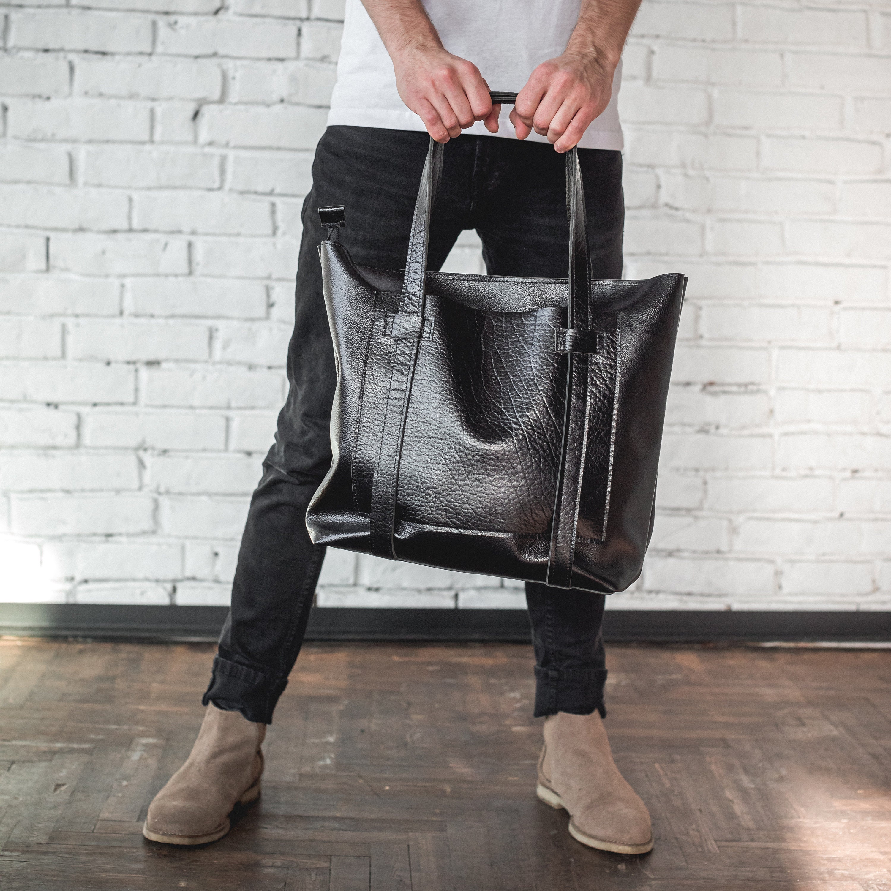 Leather Tote Bag For Men With Zipper Black Leather Shoulder | Etsy