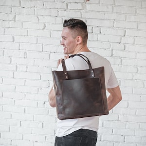 Dark Brown Leather Tote Bag • Large Leather Should Bag With Zipper and Shoulder Strap • Work Leather Handbag for Laptop