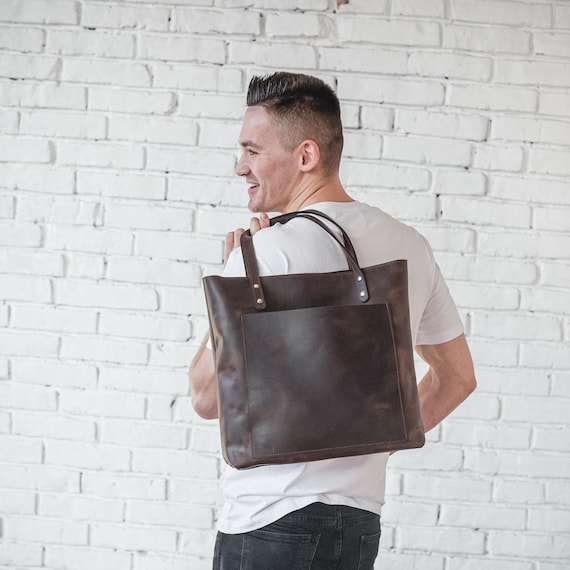 バッグ made in NYC brown leather hand bag Seamed Leather Tote (Chocolate) - Artisan Leather Bag