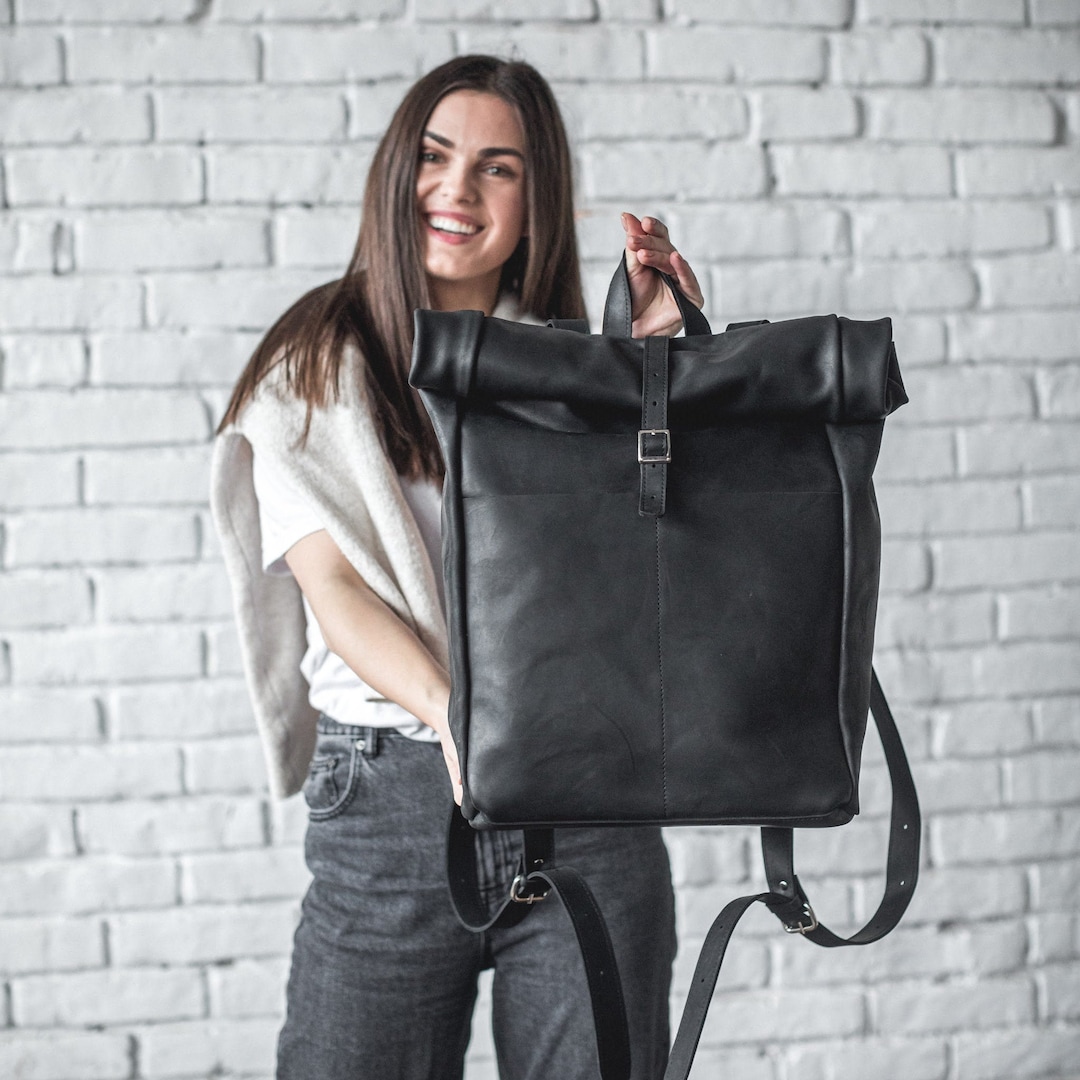 Leather Roll Top Backpack for Travel Everyday Use | Large Rucksack for ...