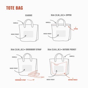 May include: Diagram of tote bag designs, including classic, zippered, crossbody strap, and outside pocket options. Each design features handles and an inside pocket. Sizes available: S, M, L, XL. Text: TOTE BAG.