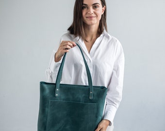 Personalized Large Leather Tote Bag • Leather Zipper Tote