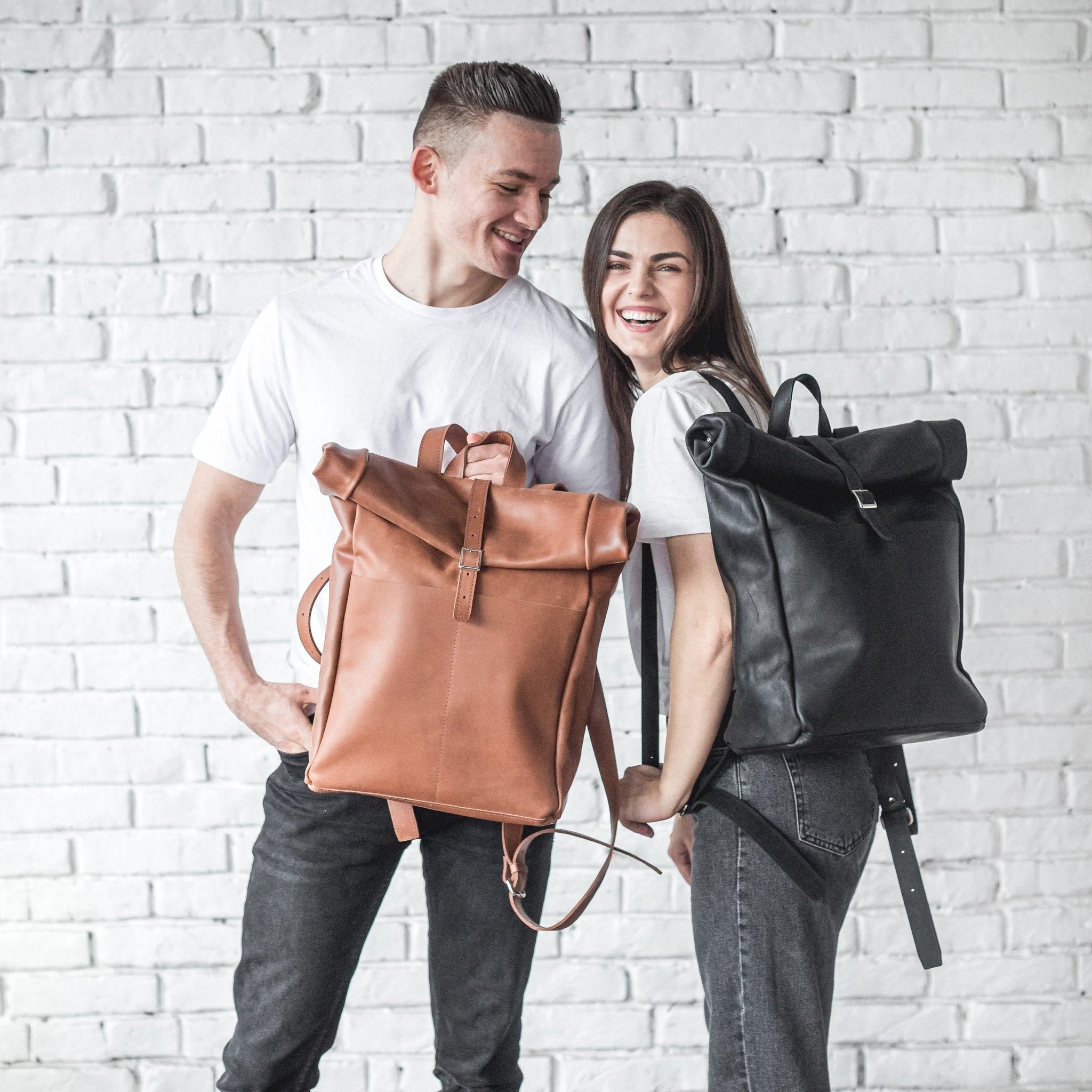 Roll Top Leather Backpack • Laptop Backpack With Zipper