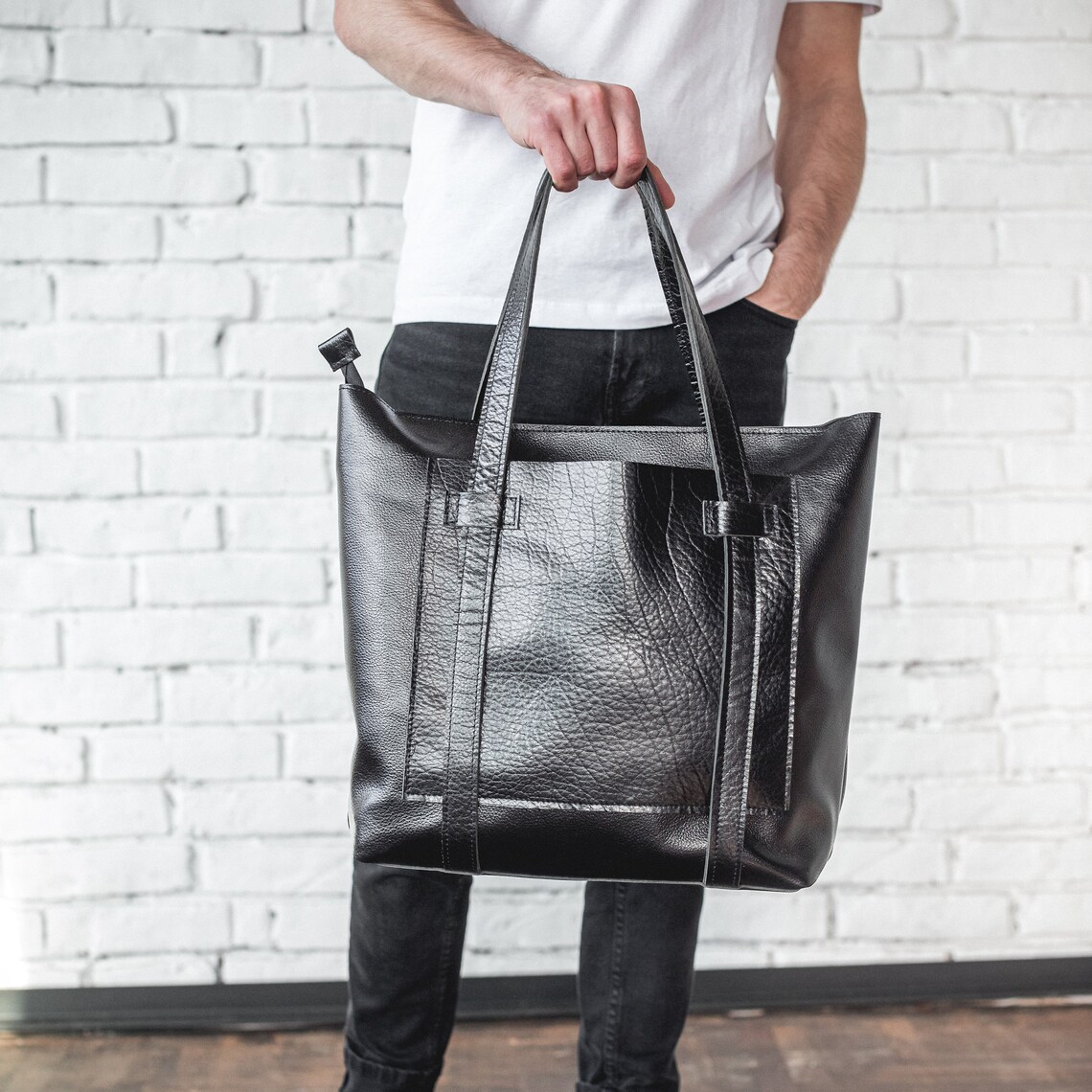 Leather Tote Bag For Men With Zipper Black Leather Shoulder Etsy