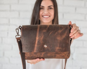 Small Leather Crossbody Bag • Distressed Leather Bag • Leather Shoulder Bag • Brown Leather Purse With Shoulder Strap • Handmade Crossbody
