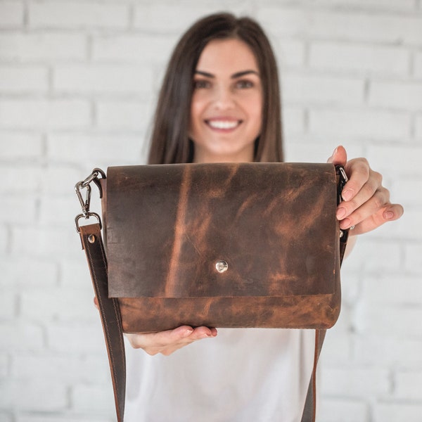Small Leather Crossbody Bag • Distressed Leather Bag • Leather Shoulder Bag • Brown Leather Purse With Shoulder Strap • Handmade Crossbody