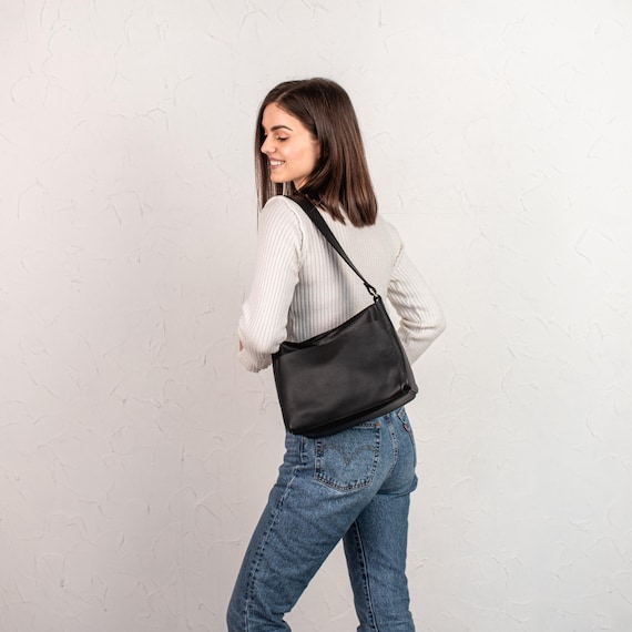Black Leather Shoulder Bag With Zipper Outside Pocket | Handmade