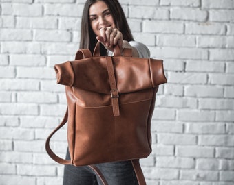 Leather Roll Top Backpack • Large Women Backpacks • Back Zipper Backpack • Genuine Leather Travel Backpack • Leather Backpack Women Zipper