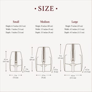 May include: Diagram showing three sizes of a travel bag: small, medium, and large. The small bag is 6.5 inches (16.5 cm) high, 3 inches (7.6 cm) wide, and 3 inches (7.6 cm) deep. The medium bag is 8 inches (20 cm) high, 3.5 inches (9 cm) wide, and 3.5 inches (9 cm) deep. The large bag is 9 inches (23 cm) high, 4.5 inches (11.5 cm) wide, and 4.5 inches (11.5 cm) deep.