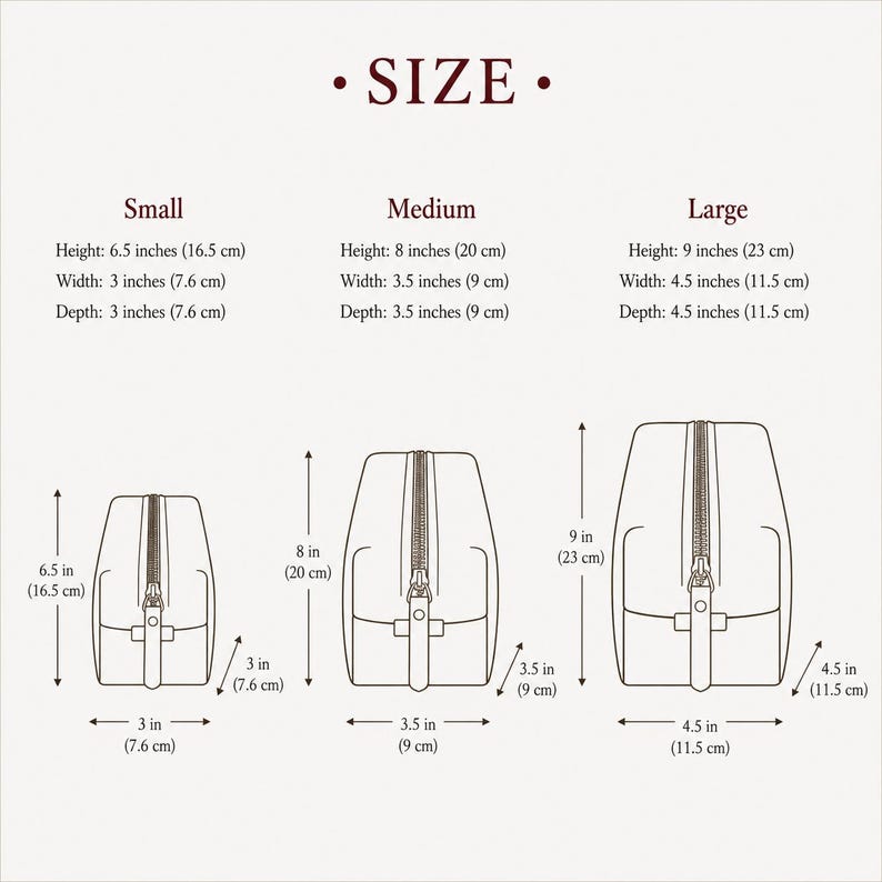 May include: Diagram showing three sizes of a travel bag: small, medium, and large. The small bag is 6.5 inches (16.5 cm) high, 3 inches (7.6 cm) wide, and 3 inches (7.6 cm) deep. The medium bag is 8 inches (20 cm) high, 3.5 inches (9 cm) wide, and 3.5 inches (9 cm) deep. The large bag is 9 inches (23 cm) high, 4.5 inches (11.5 cm) wide, and 4.5 inches (11.5 cm) deep.