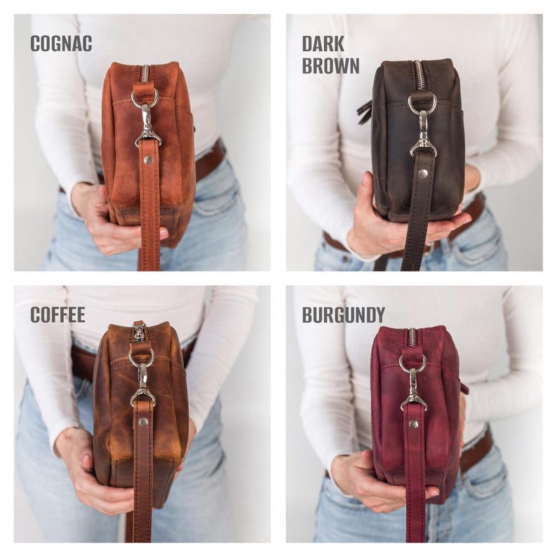 Pu&ograve; includere: Quattro borse a tracolla in pelle di diversi colori: cognac, marrone scuro, caff&egrave; e bordeaux. Ogni borsa ha una chiusura argentata e una lunga tracolla.