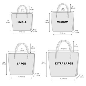 May include: Diagram showing four different sizes of tote bags with measurements in inches and centimeters. The sizes are Small, Medium, Large, and Extra Large.