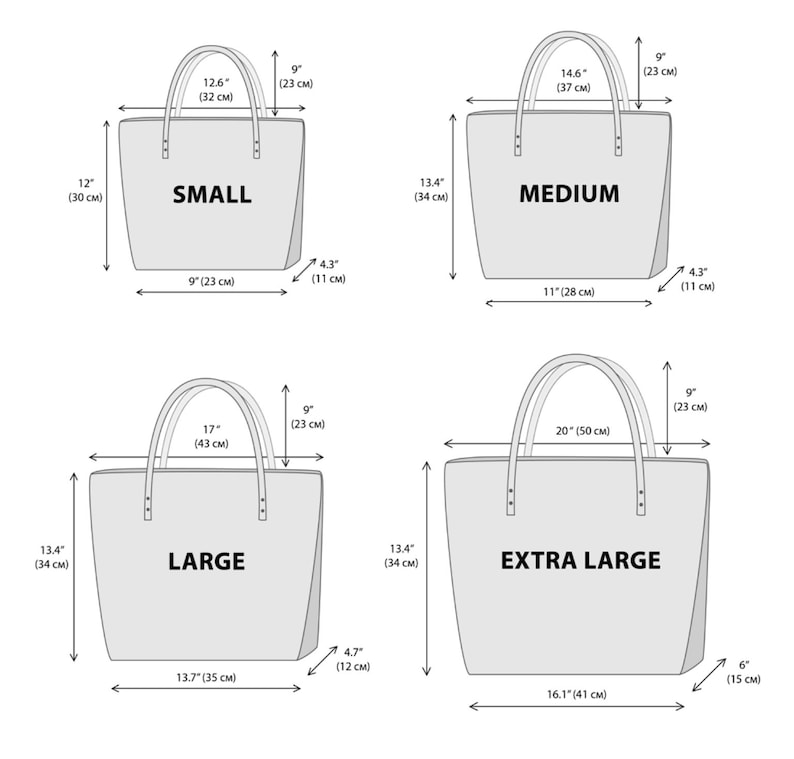 May include: Diagram showing four different sizes of tote bags with measurements in inches and centimeters. The sizes are Small, Medium, Large, and Extra Large.
