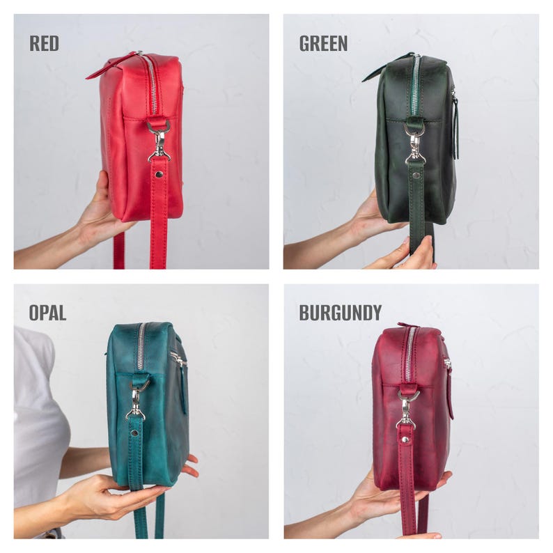 May include: Four leather crossbody bags in red, green, opal, and burgundy. Each bag has a rectangular shape, a top zipper, and a long, adjustable strap. The bags are displayed against a neutral background, with the color names in the top left corner of each image.