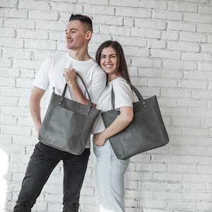 Gray leather women's tote bag