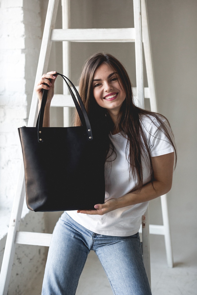 Genuine leather black tote bag