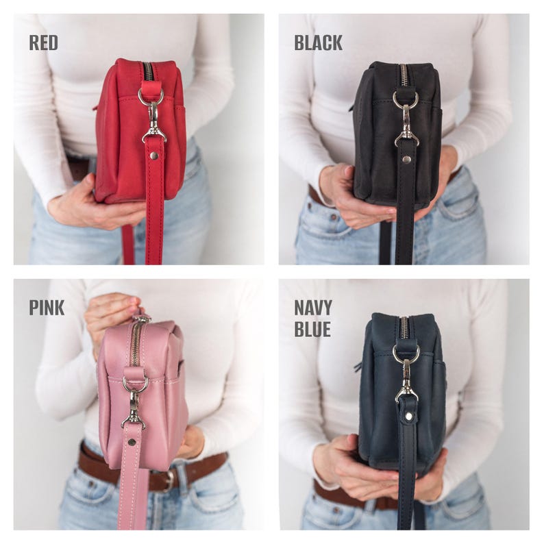 May include: A set of four small leather crossbody bags in red, black, pink, and navy blue. Each bag has a zipper closure, a long adjustable strap, and silver-tone hardware. The bags are shown against a white background.