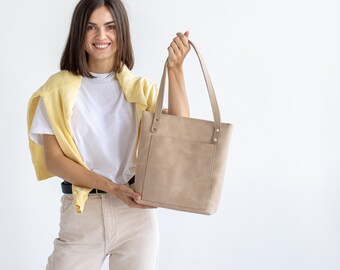 ハンドメイドレザートートバッグ：ジッパー付き大型牛革ショッパー