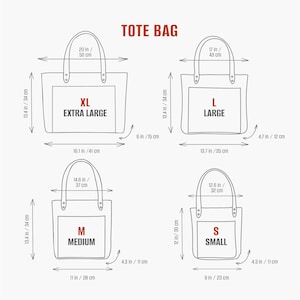 May include: Diagram of tote bags in four sizes: Extra Large (20 in wide, 13.4 in high), Large (17 in wide, 13.4 in high), Medium (14.6 in wide, 13.4 in high), and Small (12.6 in wide, 12 in high). Each bag has handle measurements.