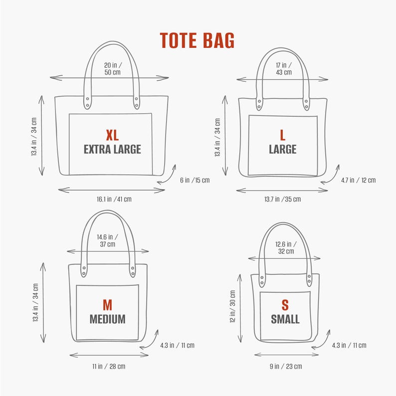 May include: Diagram of tote bags in four sizes: Extra Large (20 in wide, 13.4 in high), Large (17 in wide, 13.4 in high), Medium (14.6 in wide, 13.4 in high), and Small (12.6 in wide, 12 in high). Each bag has handle measurements.