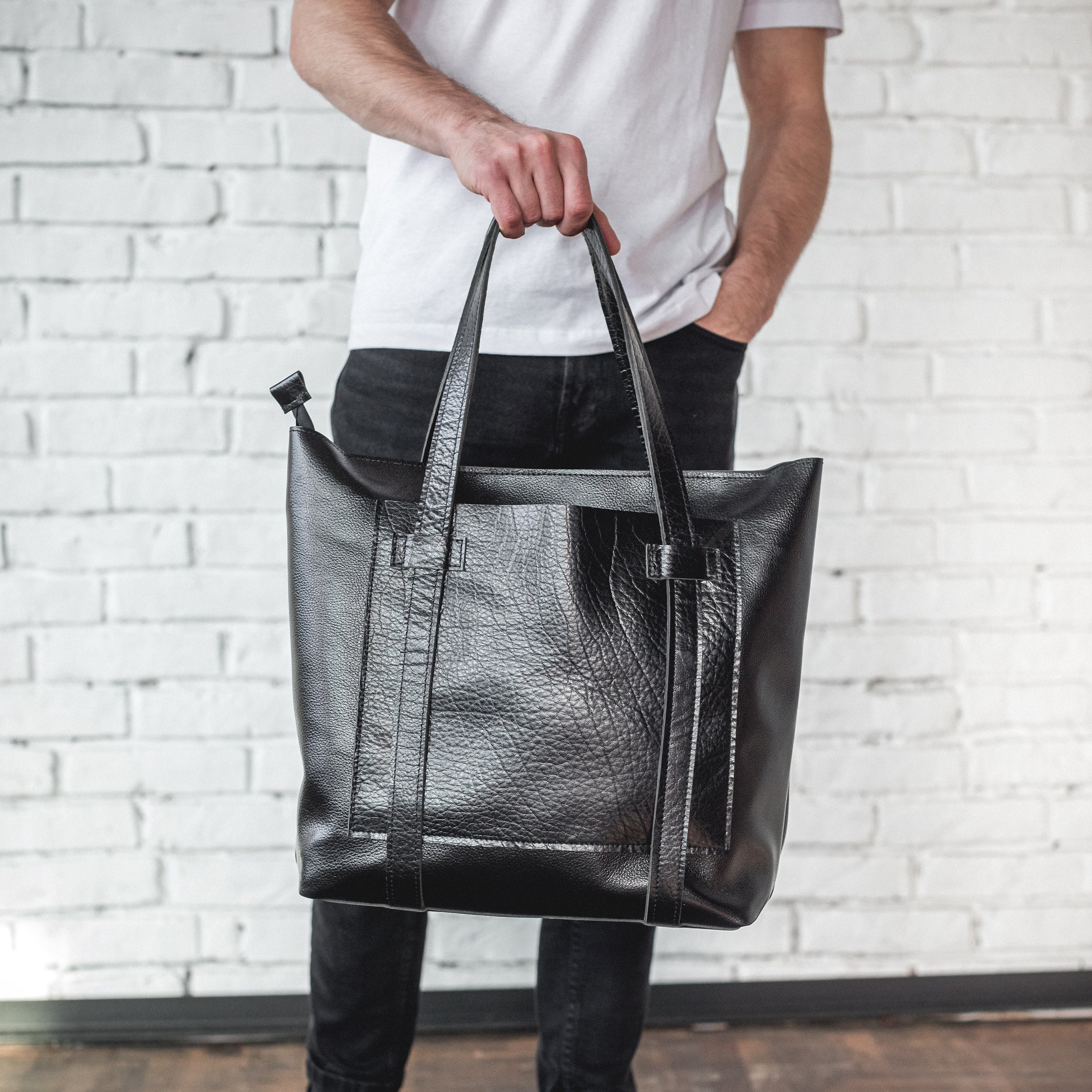 Leather Tote Bag For Men With Zipper Black Leather Shoulder | Etsy